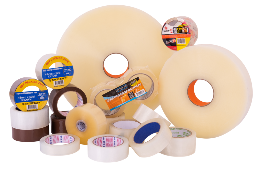 Assortment of clear and brown acrylic packaging tape rolls